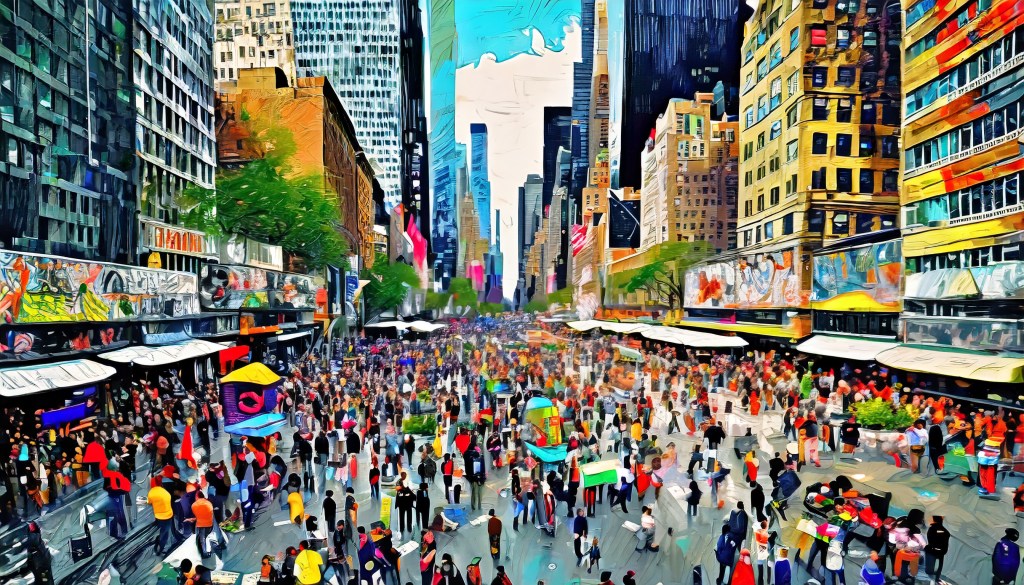 Crowd in New York City Times Square, colorful drone shot denoting predictive marketing