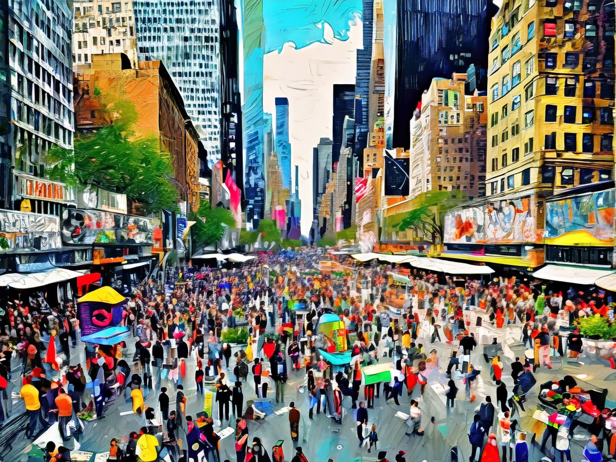 Crowd in New York City Times Square, colorful drone shot denoting predictive marketing