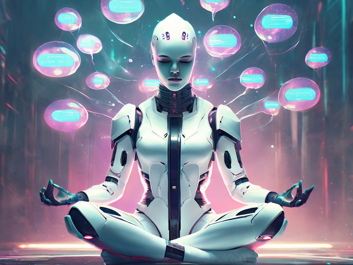 AI in Marketing: Hybrid human cyborg portrait in high-tech white armor suits in a seated lotus pose in deep thought with content blogs in bubbles around her, super fine detailed, cinematic photography, cinematic lighting photo hyper realistic