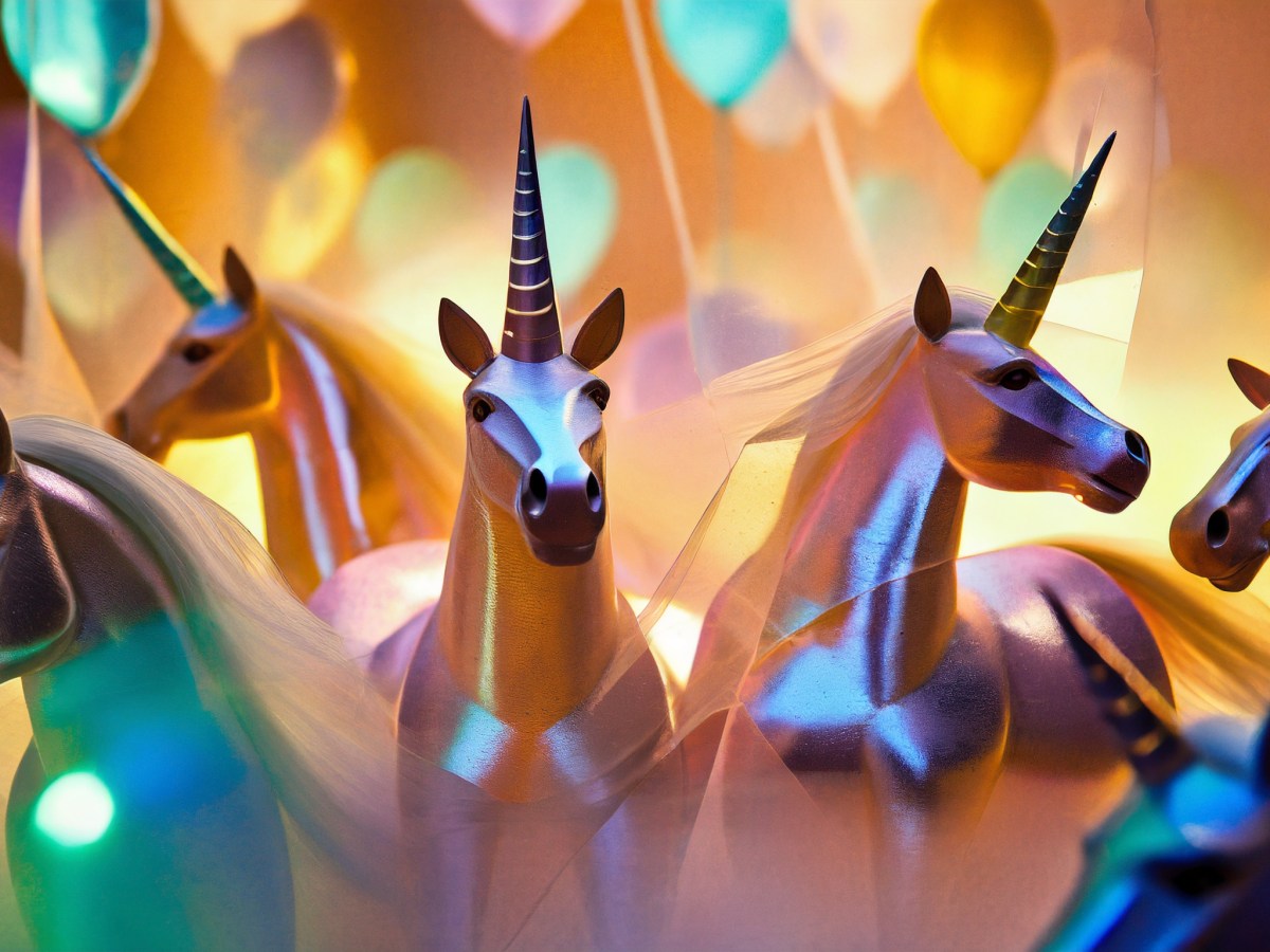 Created with Adobe Firefly. Prompt: many unicorns having a party with balloons and streamers macrophotography photorealistic backlighting